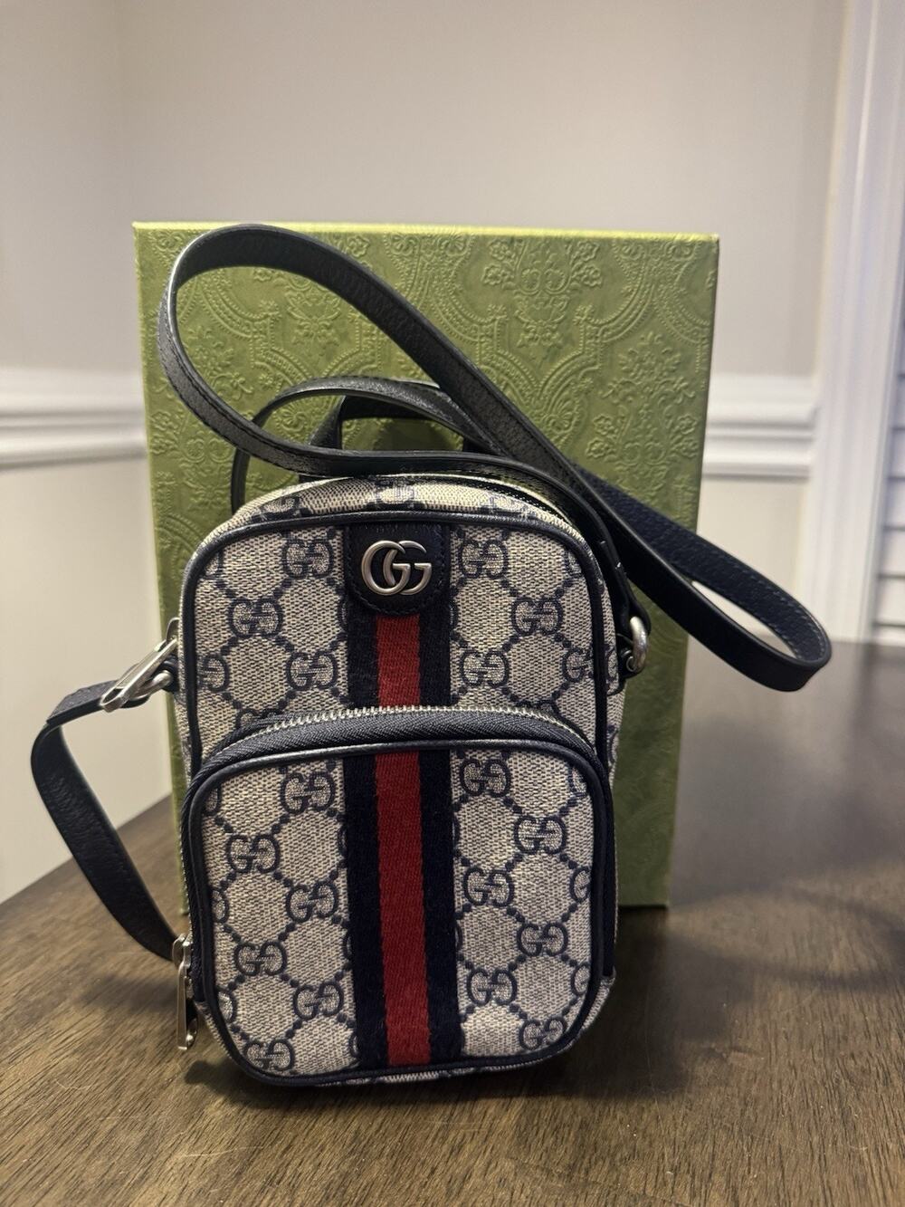 Gucci GG Supreme Textured Calfskin Web Mini Ophidia Messenger Beige Blue